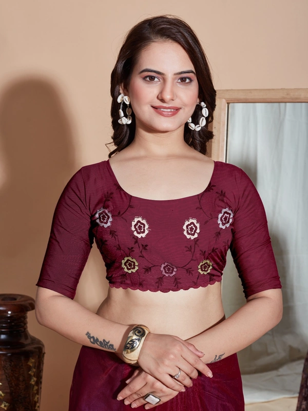FWVLS BUTTER FLY NET EMBROIDERY SAREE WITH BLOUSE PIECE - Maroon Oak