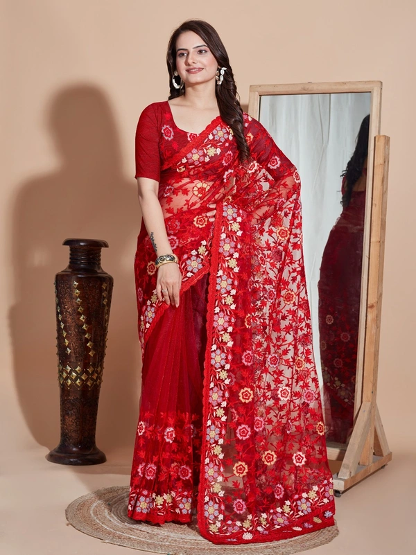 FWVLS BUTTER FLY NET EMBROIDERY SAREE WITH BLOUSE PIECE - Red