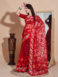 FWVLS BUTTER FLY NET EMBROIDERY SAREE WITH BLOUSE PIECE - Red