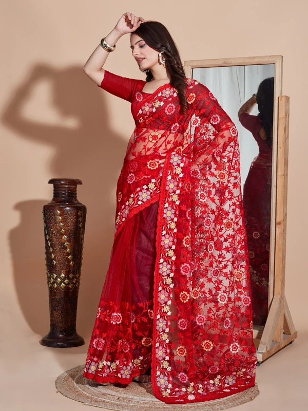 FWVLS BUTTER FLY NET EMBROIDERY SAREE WITH BLOUSE PIECE - Red