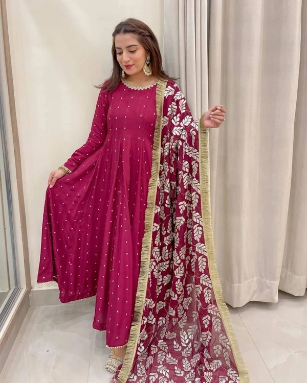 FWVF HEAVY GEORGETTE DESIGNER EMBROIDERY WORK GOWN - XXL-44, Pinkish Red