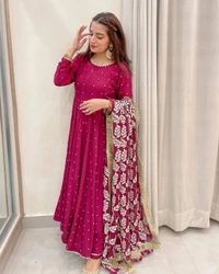FWVF HEAVY GEORGETTE DESIGNER EMBROIDERY WORK GOWN - XXL-44, Pinkish Red