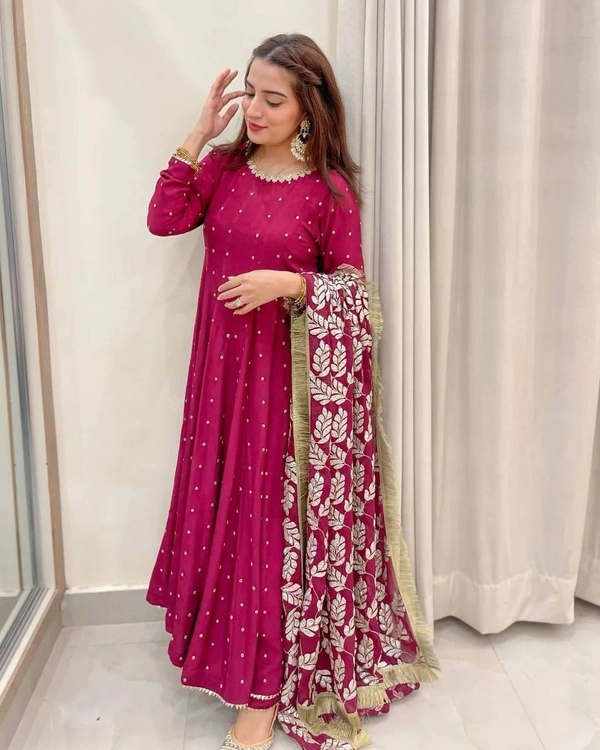 FWVF HEAVY GEORGETTE DESIGNER EMBROIDERY WORK GOWN - XXL-44, Pinkish Red