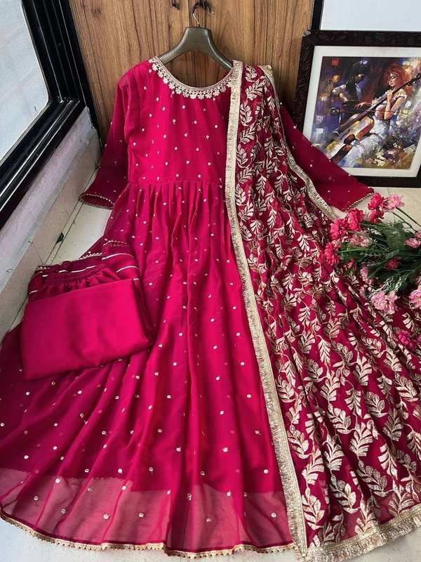 FWVF HEAVY GEORGETTE DESIGNER EMBROIDERY WORK GOWN - XXL-44, Pinkish Red
