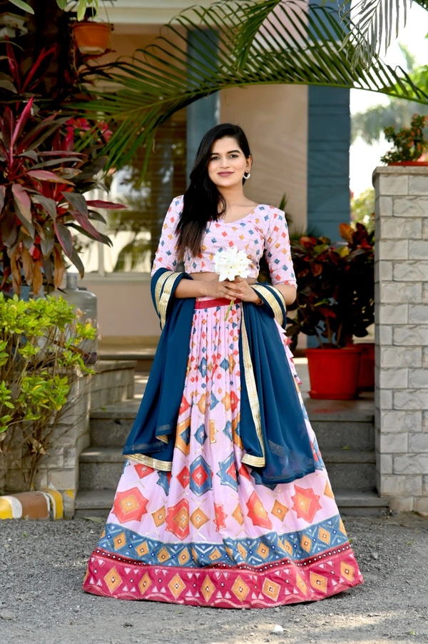 FWKA PREMIUM DESIGNER CHINNON PRINTED WITH SEQUINS POSITION WORK LEHENGA - XL-42, Pink