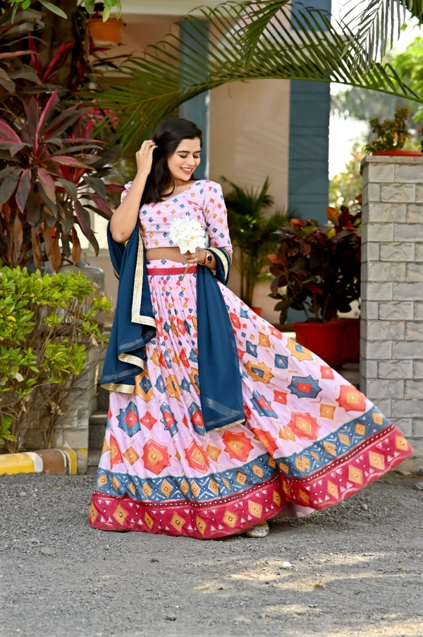 FWKA PREMIUM DESIGNER CHINNON PRINTED WITH SEQUINS POSITION WORK LEHENGA - XL-42, Pink