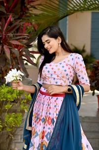 FWKA PREMIUM DESIGNER CHINNON PRINTED WITH SEQUINS POSITION WORK LEHENGA - XL-42, Pink