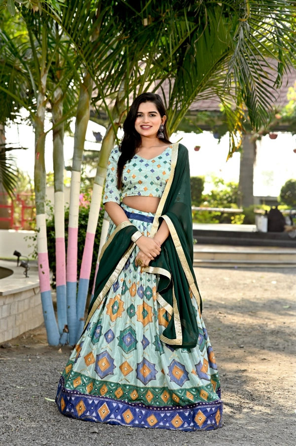 FWKA PREMIUM DESIGNER CHINNON PRINTED WITH SEQUINS POSITION WORK LEHENGA - XL-42, Greenish Cyan