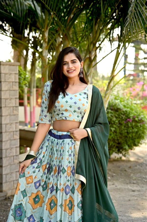 FWKA PREMIUM DESIGNER CHINNON PRINTED WITH SEQUINS POSITION WORK LEHENGA - XL-42, Greenish Cyan