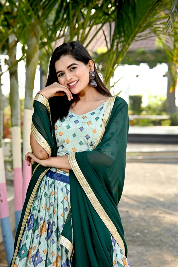 FWKA PREMIUM DESIGNER CHINNON PRINTED WITH SEQUINS POSITION WORK LEHENGA - XL-42, Greenish Cyan