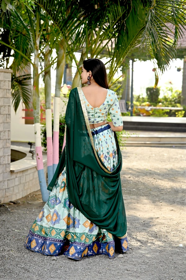 FWKA PREMIUM DESIGNER CHINNON PRINTED WITH SEQUINS POSITION WORK LEHENGA - XL-42, Greenish Cyan