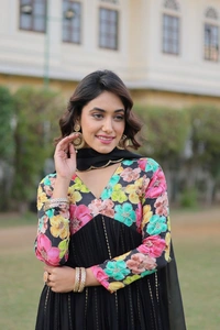 FWKA PREMIUM READYMADE ALIA CUT KURTI WITH PANT & DUPATTA SET - M-38, Black