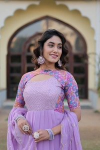 FWKA PREMIUM DESIGNER READYMADE FLORAL POSITION PRINT GOWN WITH DUPATTA - M-38, Pink Lavender