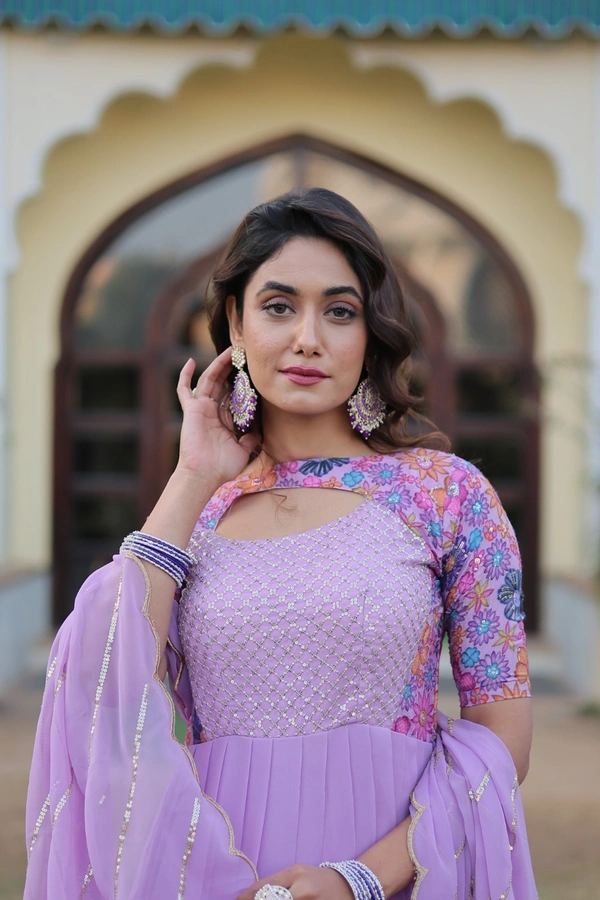 FWKA PREMIUM DESIGNER READYMADE FLORAL POSITION PRINT GOWN WITH DUPATTA - M-38, Pink Lavender