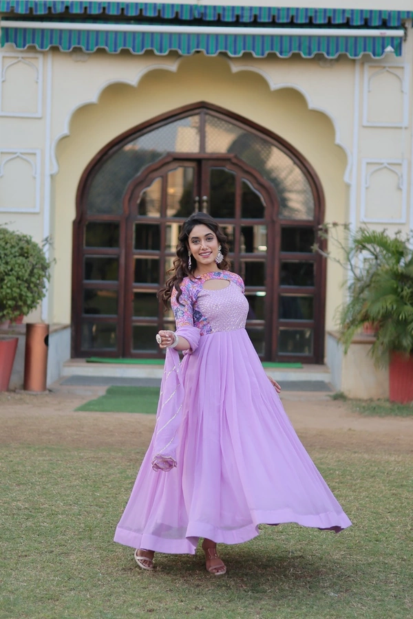 FWKA PREMIUM DESIGNER READYMADE FLORAL POSITION PRINT GOWN WITH DUPATTA - M-38, Pink Lavender