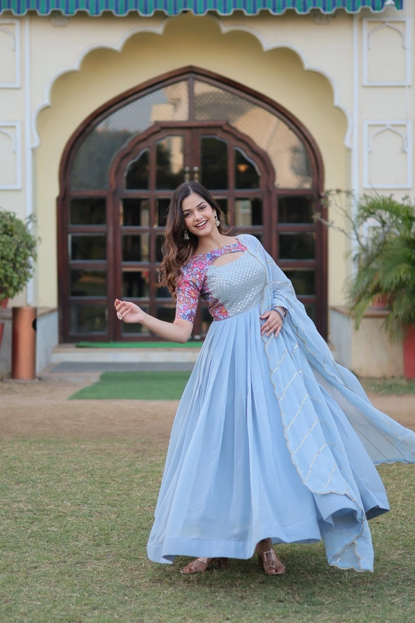 FWKA PREMIUM DESIGNER READYMADE FLORAL POSITION PRINT GOWN WITH DUPATTA - M-38, Cloud Blue