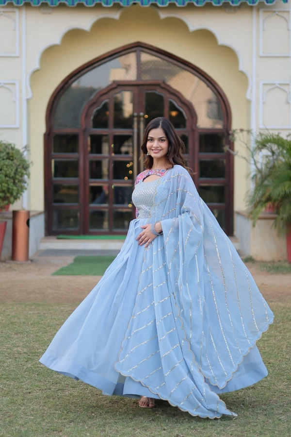 FWKA PREMIUM DESIGNER READYMADE FLORAL POSITION PRINT GOWN WITH DUPATTA - M-38, Cloud Blue