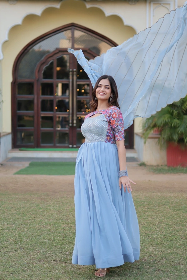 FWKA PREMIUM DESIGNER READYMADE FLORAL POSITION PRINT GOWN WITH DUPATTA - M-38, Cloud Blue