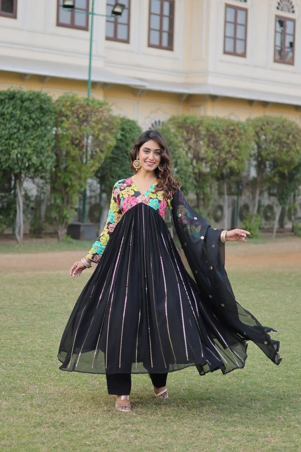 FWKA PREMIUM READYMADE ALIA CUT KURTI WITH PANT & DUPATTA SET - M-38, Black