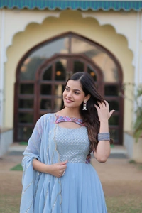 FWKA PREMIUM DESIGNER READYMADE FLORAL POSITION PRINT GOWN WITH DUPATTA - M-38, Cloud Blue