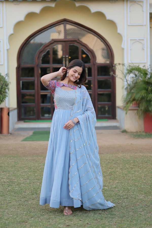 FWKA PREMIUM DESIGNER READYMADE FLORAL POSITION PRINT GOWN WITH DUPATTA - M-38, Cloud Blue