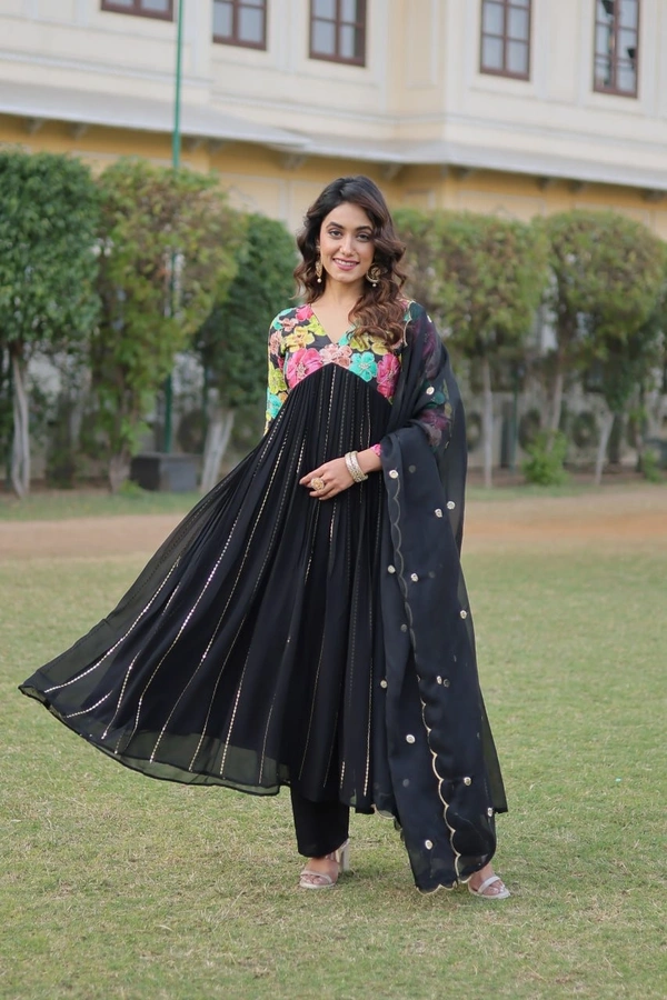 FWKA PREMIUM READYMADE ALIA CUT KURTI WITH PANT & DUPATTA SET - M-38, Black