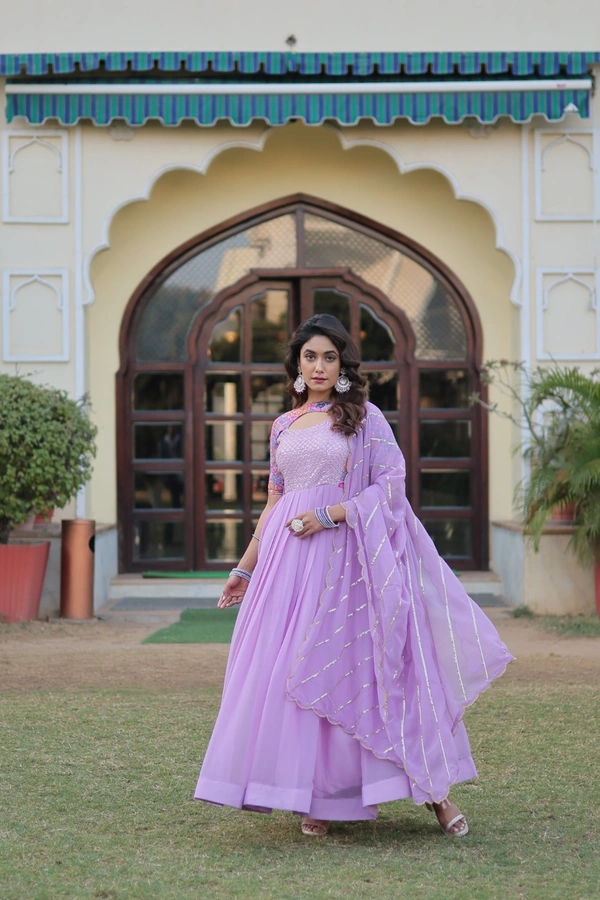 FWKA PREMIUM DESIGNER READYMADE FLORAL POSITION PRINT GOWN WITH DUPATTA - M-38, Pink Lavender