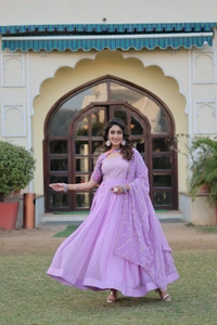 FWKA PREMIUM DESIGNER READYMADE FLORAL POSITION PRINT GOWN WITH DUPATTA - M-38, Pink Lavender