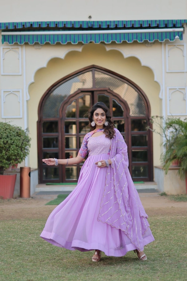 FWKA PREMIUM DESIGNER READYMADE FLORAL POSITION PRINT GOWN WITH DUPATTA - M-38, Pink Lavender