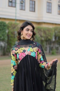 FWKA PREMIUM READYMADE ALIA CUT KURTI WITH PANT & DUPATTA SET - M-38, Black