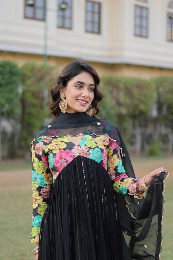 FWKA PREMIUM READYMADE ALIA CUT KURTI WITH PANT & DUPATTA SET - M-38, Black