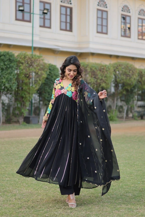 FWKA PREMIUM READYMADE ALIA CUT KURTI WITH PANT & DUPATTA SET - M-38, Black