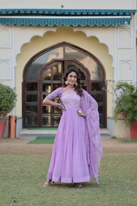 FWKA PREMIUM DESIGNER READYMADE FLORAL POSITION PRINT GOWN WITH DUPATTA - M-38, Pink Lavender