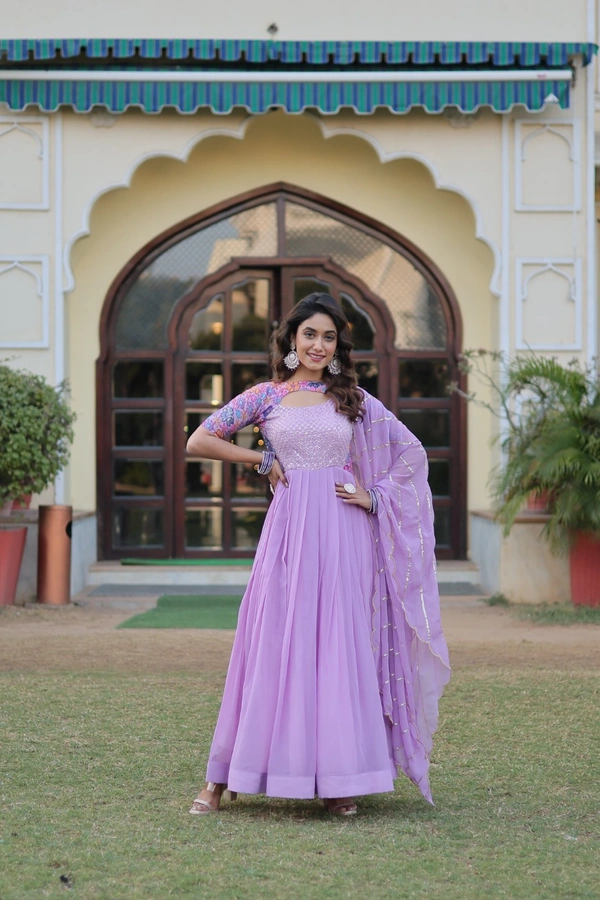 FWKA PREMIUM DESIGNER READYMADE FLORAL POSITION PRINT GOWN WITH DUPATTA - M-38, Pink Lavender