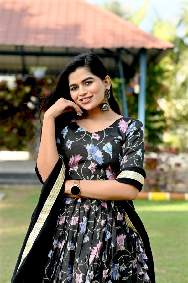 FWKA PRINTED WITH SEQUINS POSITION WORK LEHENGA - XL-42, Black