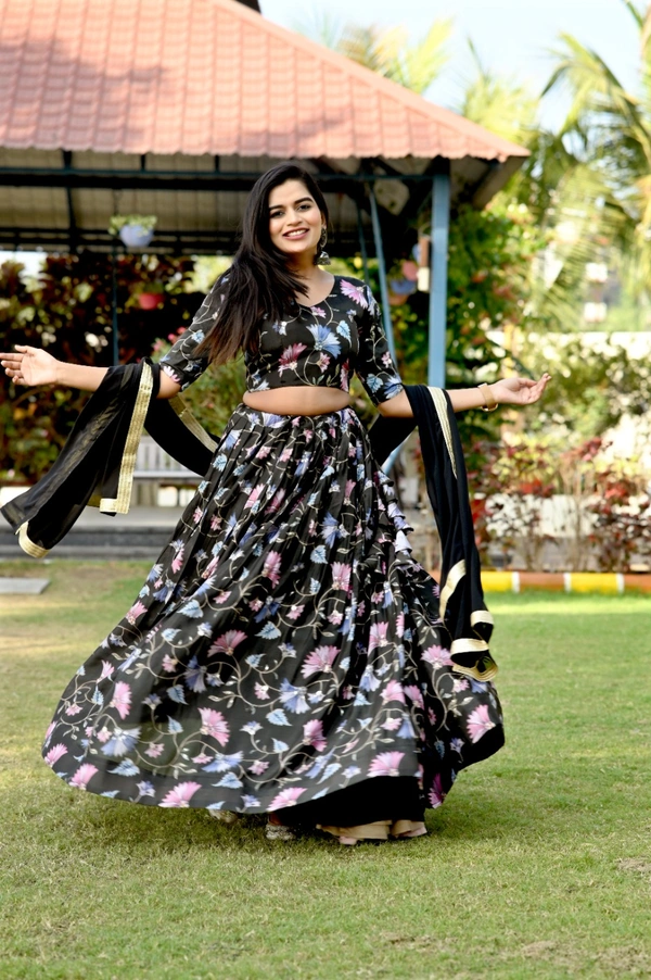 FWKA PRINTED WITH SEQUINS POSITION WORK LEHENGA - XL-42, Black