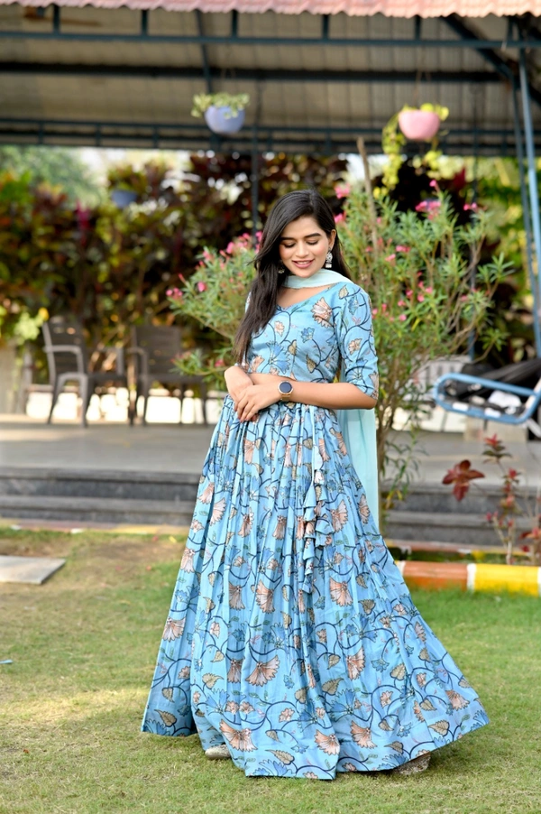 FWKA PRINTED WITH SEQUINS POSITION WORK LEHENGA - XL-42, Sky Blue