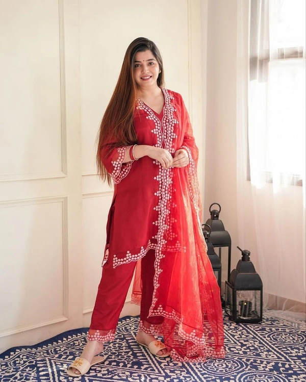 FWHB PARTY WEAR LOOK EMBROIDERED KHADI ORGENZA KURTI WITH BOTTOM AND DUPATTA - XL-42, Red