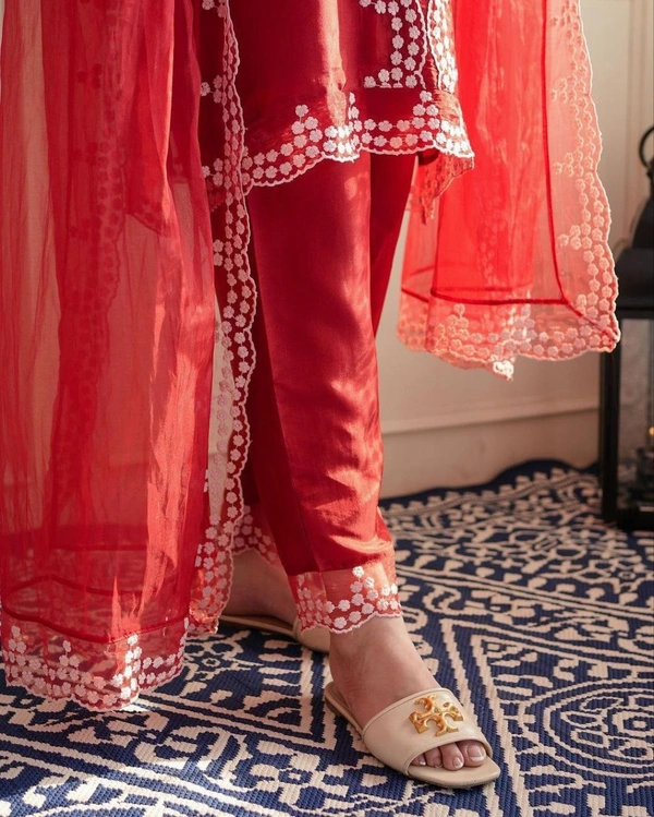 FWHB PARTY WEAR LOOK EMBROIDERED KHADI ORGENZA KURTI WITH BOTTOM AND DUPATTA - XL-42, Red
