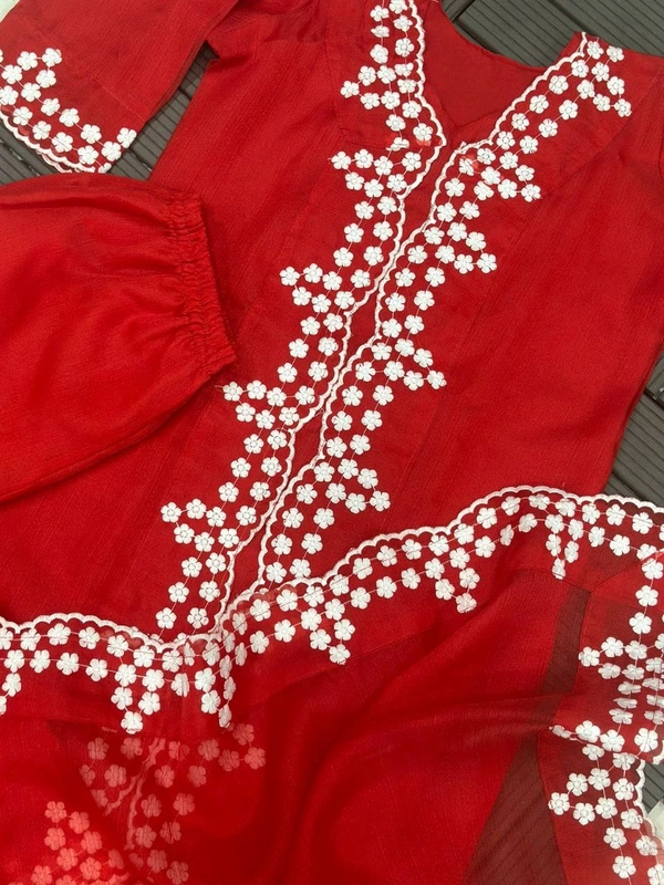 FWHB PARTY WEAR LOOK EMBROIDERED KHADI ORGENZA KURTI WITH BOTTOM AND DUPATTA - XL-42, Red