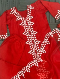 FWHB PARTY WEAR LOOK EMBROIDERED KHADI ORGENZA KURTI WITH BOTTOM AND DUPATTA - XL-42, Red