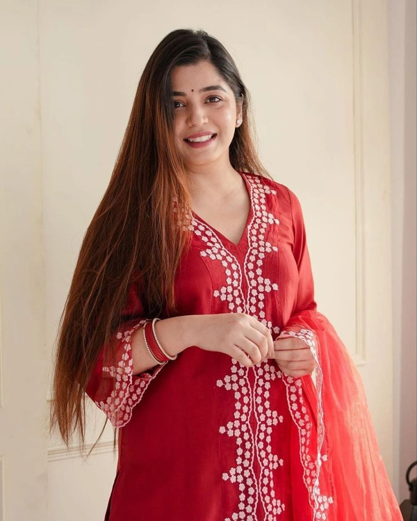 FWHB PARTY WEAR LOOK EMBROIDERED KHADI ORGENZA KURTI WITH BOTTOM AND DUPATTA - XL-42, Red