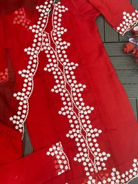 FWHB PARTY WEAR LOOK EMBROIDERED KHADI ORGENZA KURTI WITH BOTTOM AND DUPATTA - XL-42, Red