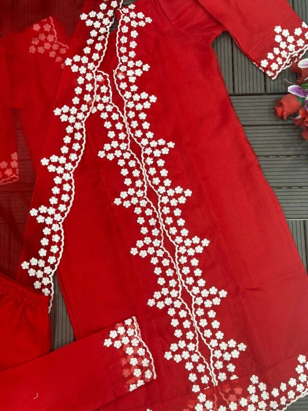 FWHB PARTY WEAR LOOK EMBROIDERED KHADI ORGENZA KURTI WITH BOTTOM AND DUPATTA - XL-42, Red