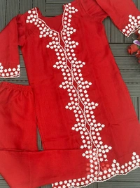 FWHB PARTY WEAR LOOK EMBROIDERED KHADI ORGENZA KURTI WITH BOTTOM AND DUPATTA - XL-42, Red