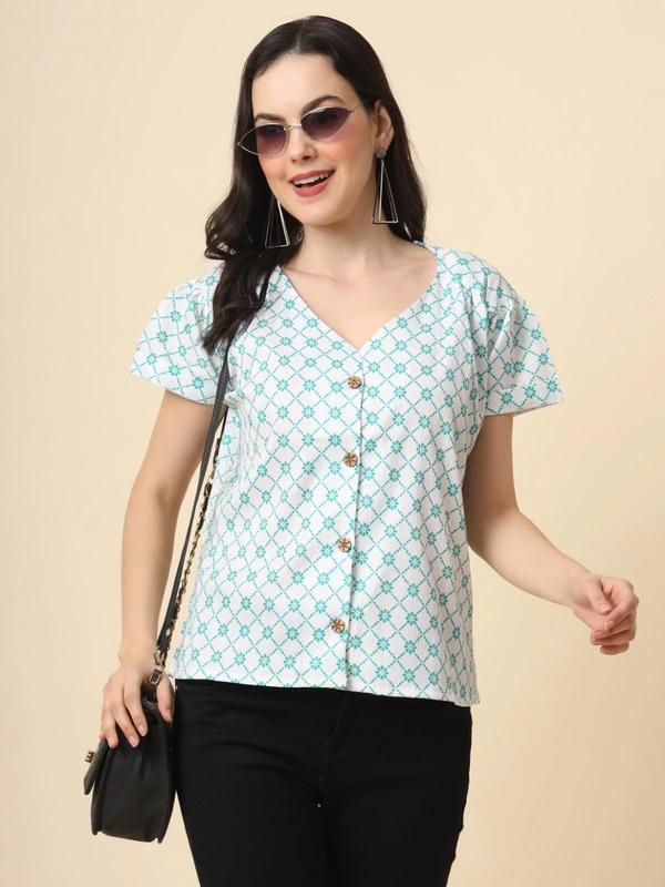 FWVL FANCY PRINTED CREP  SHORT TOP - M-38, Cyan Check