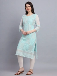 FWVLS LUCKNOWI CHIKANKARI GEORGETTE KURTI - L-40, Cyan
