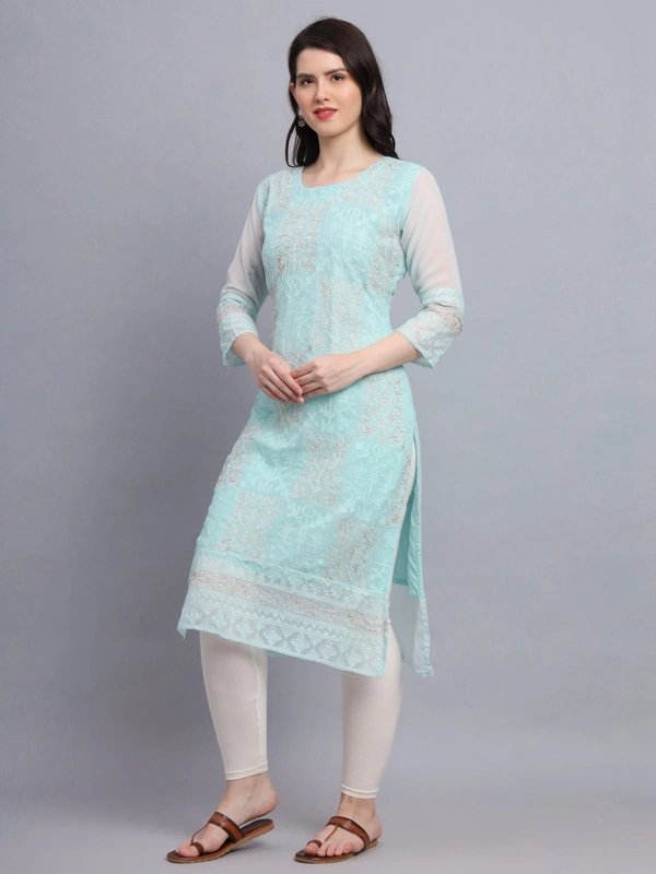 FWVLS LUCKNOWI CHIKANKARI GEORGETTE KURTI - XL-42, Cyan