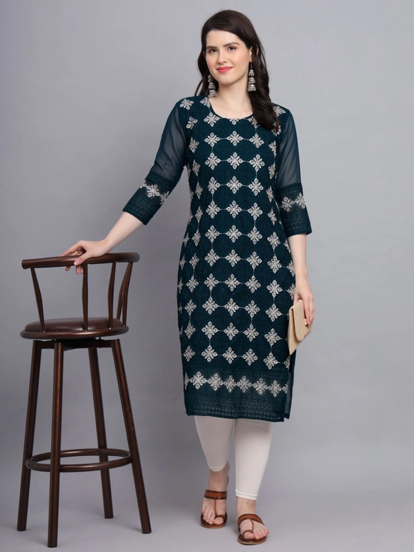FWVLS PREMIUM GEORGETTE CHIKANKARI KURTI - M-38, Cyan-Blue