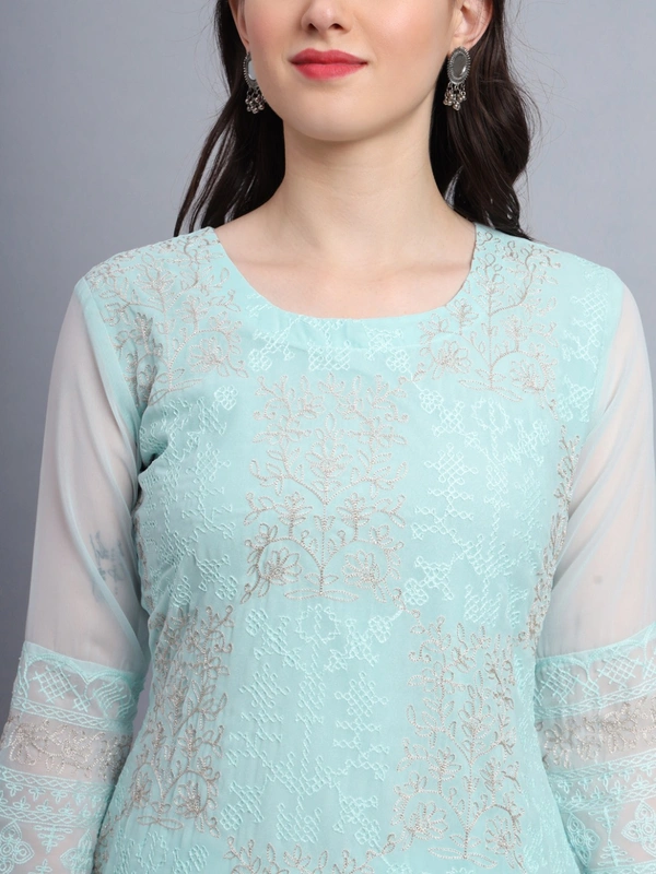 FWVLS LUCKNOWI CHIKANKARI GEORGETTE KURTI - M-38, Cyan